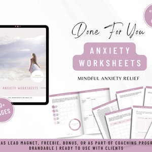 May include: Digital anxiety worksheets with a serene beach scene on a tablet. The worksheets are labeled "Anxiety Worksheets" and "Mindful Anxiety Relief." The image includes the text "Done For You" and "editable in CANVA."