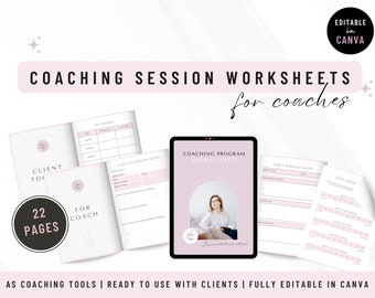 Feuilles de travail pour les séances de coaching Modèles de feuilles de travail pour le coaching Boîte à outils pour le coaching Séance cliente Outils pour le coaching Modèles Canva modifiables pour le coach