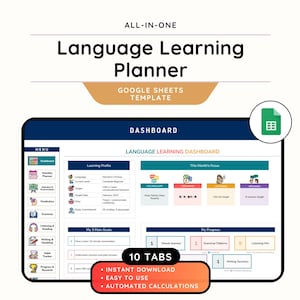 Pode incluir: Um modelo de planejador de aprendizado de idiomas tudo-em-um para Google Sheets. A interface do painel apresenta um menu, perfil de aprendizado, foco mensal, metas e seções de progresso com ícones coloridos e rótulos para vocabulário, gramática e fala.