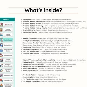 May include: A teal and white document titled "What's inside?" lists medical tracking categories. Categories include personal medical information, medical history, and medication tracking. A menu on the left side shows icons for each section.