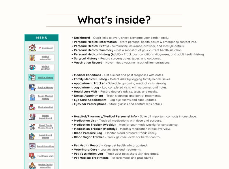 May include: A teal and white document titled "What's inside?" lists medical tracking categories. Categories include personal medical information, medical history, and medication tracking. A menu on the left side shows icons for each section.