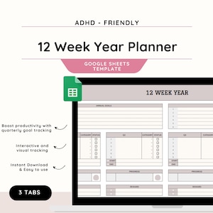 12 Week Planner Spreadsheet 12 Week Year Goal Planner Google Sheets Quarterly Planner Goal tracker 90 Day Planner Task Tracker for ADHD