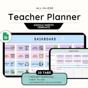 Puede incluir: Una plantilla digital de planificador para profesores con un panel y 20 pestañas. El planificador incluye secciones para perfiles de estudiantes, planificación de lecciones y seguimiento de calificaciones. El texto dice "Teacher Planner" y "Google Sheets Template".