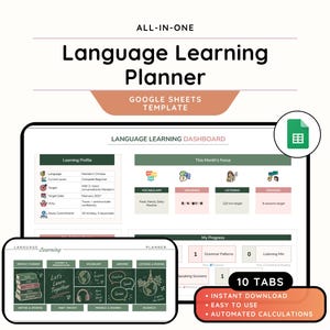 Pode incluir: Um modelo de planejador de aprendizado de idiomas tudo-em-um para Google Sheets. O painel inclui seções para perfil de aprendizado, foco mensal e acompanhamento de progresso. Uma visualização menor mostra uma interface verde escura.