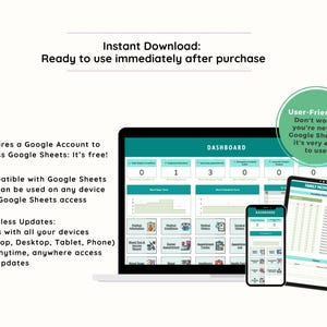 May include: A digital dashboard displayed on a laptop, tablet, and phone. The dashboard is teal and white, with the text "Dashboard" at the top. The image also includes the text "Instant Download: Ready to use immediately after purchase."