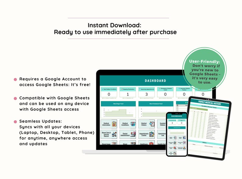 May include: A digital dashboard displayed on a laptop, tablet, and phone. The dashboard is teal and white, with the text "Dashboard" at the top. The image also includes the text "Instant Download: Ready to use immediately after purchase."