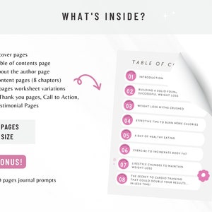May include: A pink and white digital download guide with the text "What's Inside?" and a table of contents listing 8 chapters on weight loss. The guide includes 58 pages and a bonus 30 pages of journal prompts. The guide is editable in Canva.