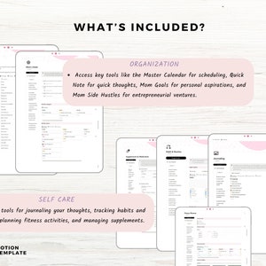 May include: A digital planner template for organization and self-care. The template includes a master calendar, quick note, mom goals, mom side hustles, journaling, habit tracking, fitness planning, and supplement management.