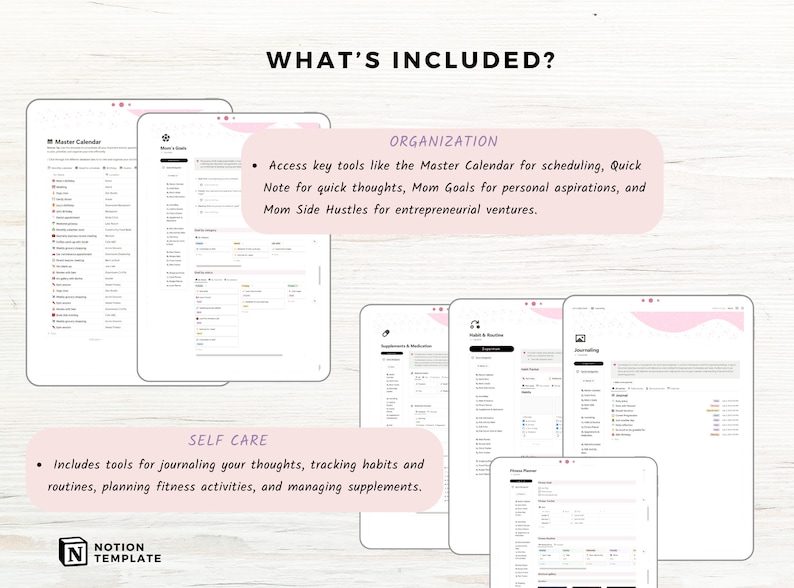 May include: A digital planner template for organization and self-care. The template includes a master calendar, quick note, mom goals, mom side hustles, journaling, habit tracking, fitness planning, and supplement management.