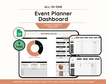 May include: An all-in-one event planner dashboard template for Google Sheets. The image shows a digital spreadsheet with a pie chart, tables, and the text "Event Planner Dashboard". The template includes 9 tabs and automated calculations.