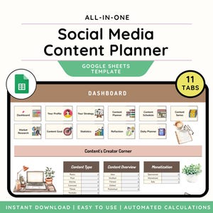 Social Media Content Planner Google Sheets| Digital Content Calendar & Marketing Organizer for Creators