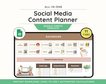 Puede incluir: Una plantilla digital de planificador de contenido de redes sociales para Google Sheets. El planificador incluye un panel, tipo de contenido, descripción general del contenido y secciones de monetización. La imagen también incluye el texto "ALL-IN-ONE Social Media Content Planner".