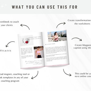 May include: A white and pink workbook with the title "Effective Tips to Burn More Calories". The workbook is open to a page with the title "Be a Picky Diner". The workbook is surrounded by arrows pointing in different directions, with text describing how to use the workbook.