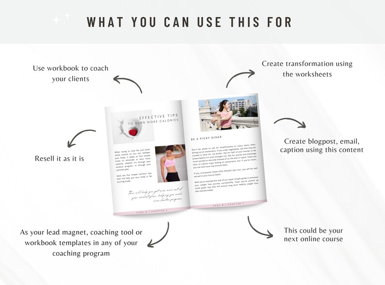 May include: A white and pink workbook with the title "Effective Tips to Burn More Calories". The workbook is open to a page with the title "Be a Picky Diner". The workbook is surrounded by arrows pointing in different directions, with text describing how to use the workbook.