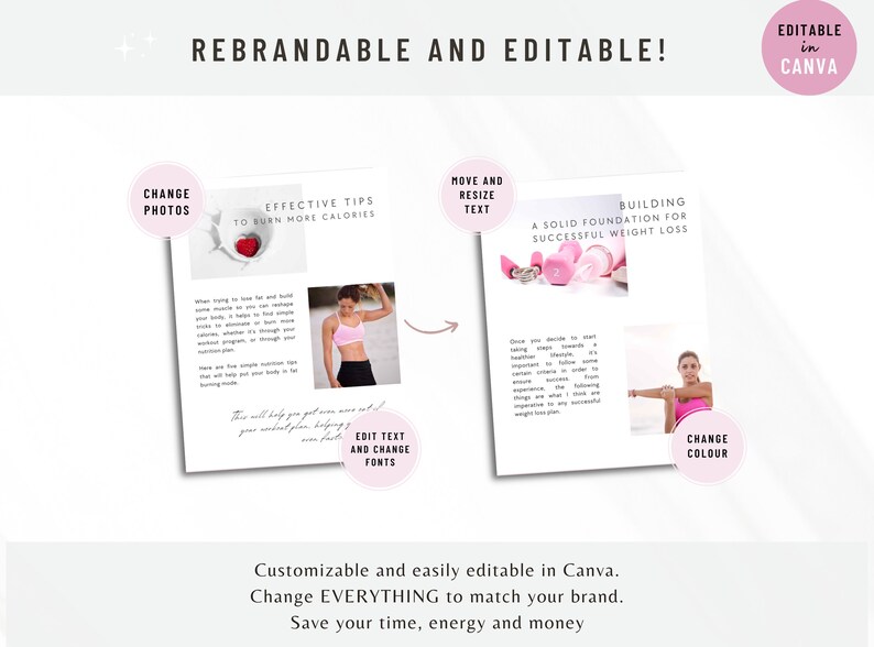 May include: A pink and white digital template with the text "REBRANDABLE AND EDITABLE!" and "EDITABLE in CANVA". The template is divided into three sections, each with a different image and text. The first section has a photo of a woman in a pink sports bra and black leggings, with the text "CHANGE PHOTOS" and "EFFECTIVE TIPS TO BURN MORE CALORIES". The second section has a photo of pink dumbbells, with the text "MOVE AND RESIZE TEXT" and "BUILDING A SOLID FOUNDATION FOR SUCCESSFUL WEIGHT LOSS". The third section has a photo of a woman stretching, with the text "CHANGE COLOUR". The template is customizable and easily editable in Canva.