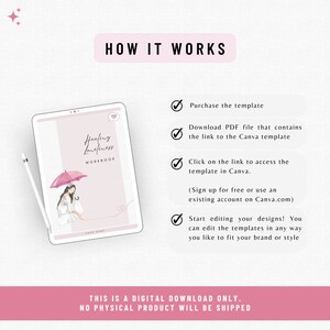May include: A digital download for a workbook titled "Healing Loneliness Workbook". The workbook cover features a pink background with a watercolor illustration of a woman holding an umbrella. The text "HOW IT WORKS" is displayed in a pink rectangle at the top of the image. A list of steps for using the workbook is displayed on the right side of the image.