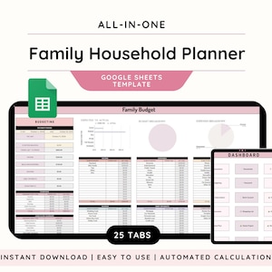 Family Household Planner Google Sheets | Home Management Spreadsheet | Family Budget Google Sheets Template | Family Planner Home Organizer