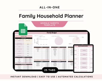 Family Household Planner Google Sheets | Home Management Spreadsheet | Family Budget Google Sheets Template | Family Planner Home Organizer