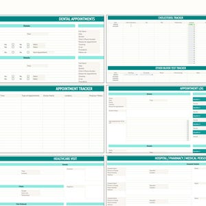 May include: A set of printable medical forms with teal headers and white backgrounds. Forms include sections for dental appointments, cholesterol tracking, appointment logs, and healthcare visits. The forms are designed for tracking and organising medical information.