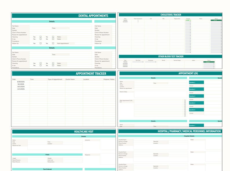 May include: A set of printable medical forms with teal headers and white backgrounds. Forms include sections for dental appointments, cholesterol tracking, appointment logs, and healthcare visits. The forms are designed for tracking and organising medical information.
