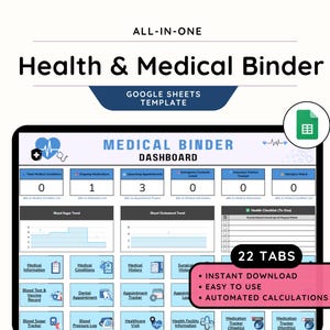 Könnte beinhalten: Eine digitale Gesundheits- und Medizin-Binder-Vorlage für Google Sheets. Das Dashboard zeigt medizinische Informationen an, einschließlich Erkrankungen, Medikamenten und Terminen. Die Vorlage enthält 22 Registerkarten und ist ein sofortiger Download.