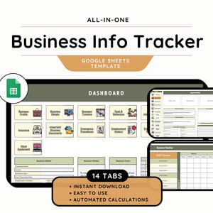 Könnte beinhalten: Digitales Business-Info-Tracker-Template für Google Sheets. Das Design umfasst ein Dashboard mit 14 Tabs, darunter Unternehmensdetails, Zeitachse und mehr. Die Vorlage ist einfach zu bedienen und bietet automatisierte Berechnungen.
