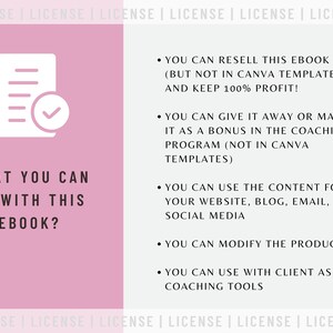 May include: A pink and white graphic with a checklist icon and the text "What you can do with this ebook?"  The graphic lists the following uses for the ebook: resell, give away, use the content, modify the product, and use with clients as coaching tools.