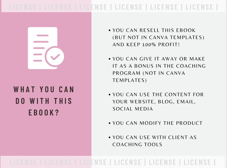 May include: A pink and white graphic with a checklist icon and the text "What you can do with this ebook?"  The graphic lists the following uses for the ebook: resell, give away, use the content, modify the product, and use with clients as coaching tools.