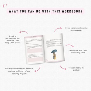 May include: A pink and white illustrated workbook with the text "What you can do with this workbook?" at the top. The workbook is open to reveal a page with a worksheet titled "Self Reflection". The image shows four arrows pointing to different uses for the workbook, including "Resell it (But NOT in Canva templates) and keep 100% profit!" "Use as your lead magnet, bonus or coaching tool in any of your coaching program" "Create transformation using the worksheets" and "You can use with client as coaching tools".