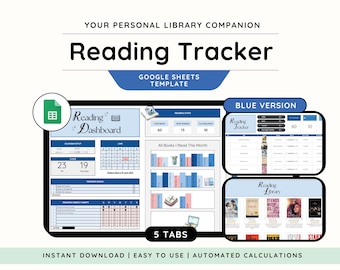 May include: A digital reading tracker template for Google Sheets, with a blue color scheme. The design includes a reading dashboard, calendar, and book tracking sections. Text includes "Reading Tracker" and "Blue Version".
