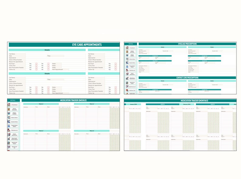May include: Four printable planner pages with teal and white designs. The pages include sections for eye care appointments, prescription tracking, and medication schedules. The layout is organised with clear headings and check boxes.