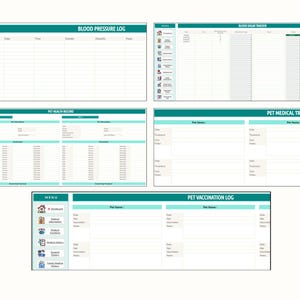 May include: A set of printable medical record templates, including blood pressure logs, blood sugar trackers, pet health records, medical treatment logs, and vaccination logs. Each template has a teal and white design with fields for data entry.