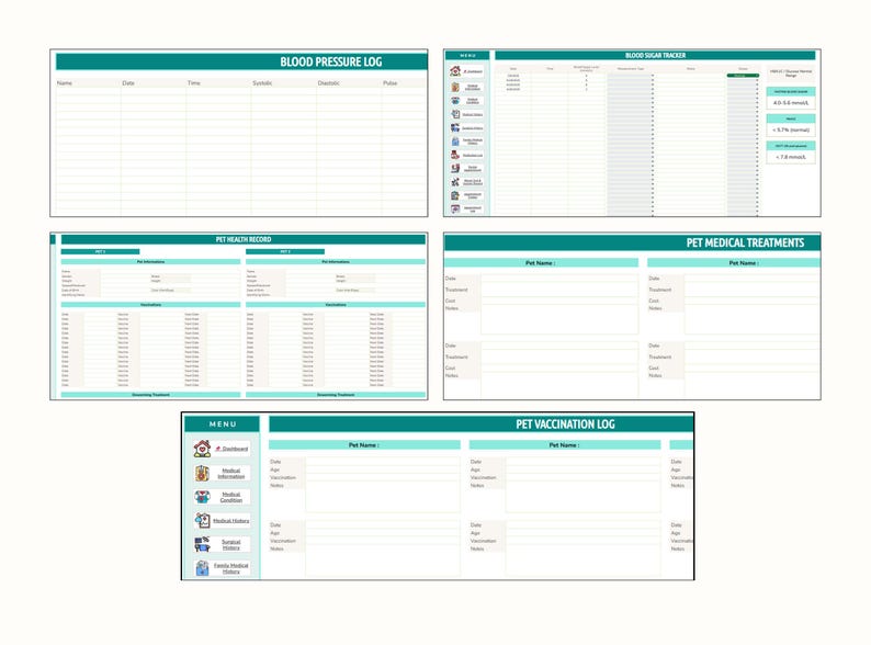 May include: A set of printable medical record templates, including blood pressure logs, blood sugar trackers, pet health records, medical treatment logs, and vaccination logs. Each template has a teal and white design with fields for data entry.