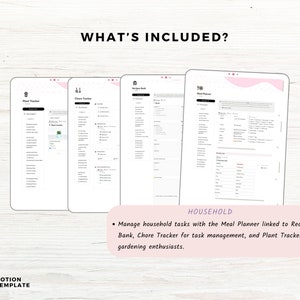 May include: A screenshot of a Notion template for household management. The template includes a Meal Planner, Recipes Bank, Chore Tracker, and Plant Tracker. The template is designed to help users manage their household tasks and keep track of their gardening.
