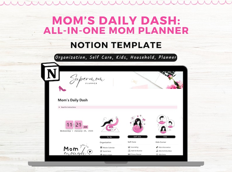 Mom Planner Notion Template, Notion Planner Mom, Busy Mom Household Planner, Mom Life Digital Planner, Family Organizer, Notion Dashboard image 1