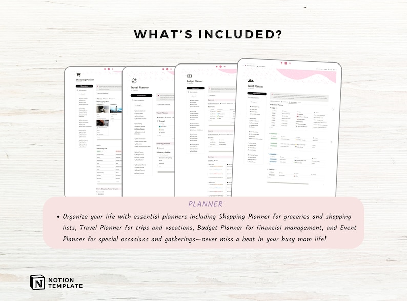 May include: Four digital planner templates for Notion, including a shopping planner, travel planner, budget planner, and event planner. The text "WHAT'S INCLUDED?" and "PLANNER" are visible at the top of the image.