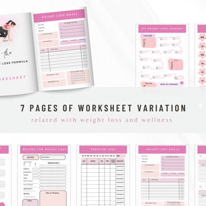 May include: Seven printable pages of worksheets for weight loss and wellness. The worksheets include sections for tracking weight loss goals, body measurements, recipes, exercise logs, and a wellness diary.