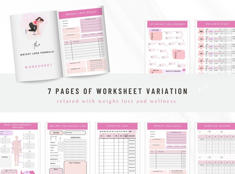 May include: Seven printable pages of worksheets for weight loss and wellness. The worksheets include sections for tracking weight loss goals, body measurements, recipes, exercise logs, and a wellness diary.