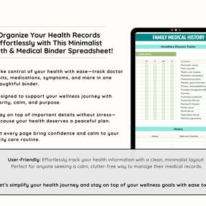 May include: A digital tablet showing a "Family Medical History" form. The image also includes text: "Organise Your Health Records Effortlessly with This Minimalist Health & Medical Binder Spreadsheet!" and "User-Friendly: Effortlessly track your health information."