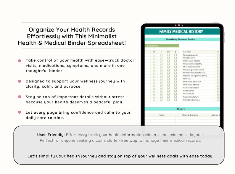May include: A digital tablet showing a "Family Medical History" form. The image also includes text: "Organise Your Health Records Effortlessly with This Minimalist Health & Medical Binder Spreadsheet!" and "User-Friendly: Effortlessly track your health information."