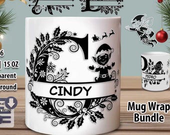 Christmas Split Monogram Alphabet PNG Bundle, Gnomes & Pine Branches, 11oz and 15oz Mug Sublimation Letters, Transparent Designs