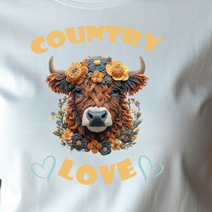 Highland Cow Clipart | Digital Embroidery | PNG Sublimation Print Template | Country Love Lettering | Download File | Embroidered Cow Motif