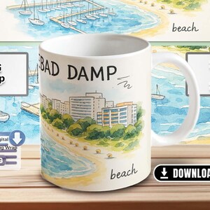 May include: White ceramic mug with a watercolor illustration of a beach town with the text "OSTSEEBAD DAMP" and "beach". The mug is available in 11 oz and 15 oz sizes.