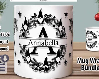 Christmas Split Monogram Alphabet PNG Bundle, Gnomes & Pine Branches, 11oz and 15oz Mug Sublimation Letters, Transparent Designs