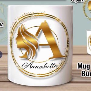 Sublimation Mug Design – Gold Monogram Letter Bundle with Female Silhouette – 26 PNGs for 11 OZ & 15 OZ Mugs