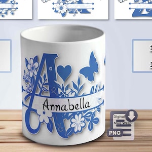 Blue Monogram Alphabet Mug Wrap Sublimation – Split Floral Alphabet PNG Bundle – 11 oz & 15 oz Personalized Design