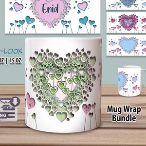 May include: A digital mug wrap design featuring a large heart made of smaller hearts in shades of green, pink, and blue. The design includes the name "Enid" and is available in 11 oz and 15 oz sizes.