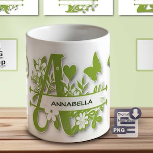 Green Monogram Alphabet Mug Wrap Sublimation – Split Floral Alphabet PNG Bundle – 11 oz & 15 oz Personalized Design