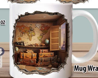 Sublimation Mug Design 3D Vintage Paris – Hole in the Wall with Suitcases & World Map – Gift for Travel Lovers – PNG for 11oz and 15oz