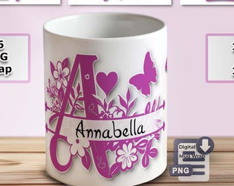 Pink Monogram Alphabet Mug Wrap Sublimation – Split Floral Alphabet PNG Bundle – 11 oz & 15 oz Personalized Design
